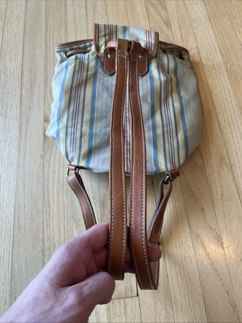 Vintage Polo Ralph Lauren Backpack Drawstring Striped Distressed Faded Look